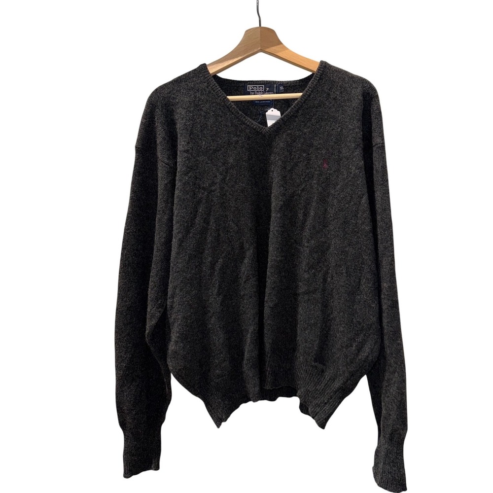Polo Ralph Lauren Mens XL Charcoal Grey 100% Lambswool V-Neck Sweater Red Pony